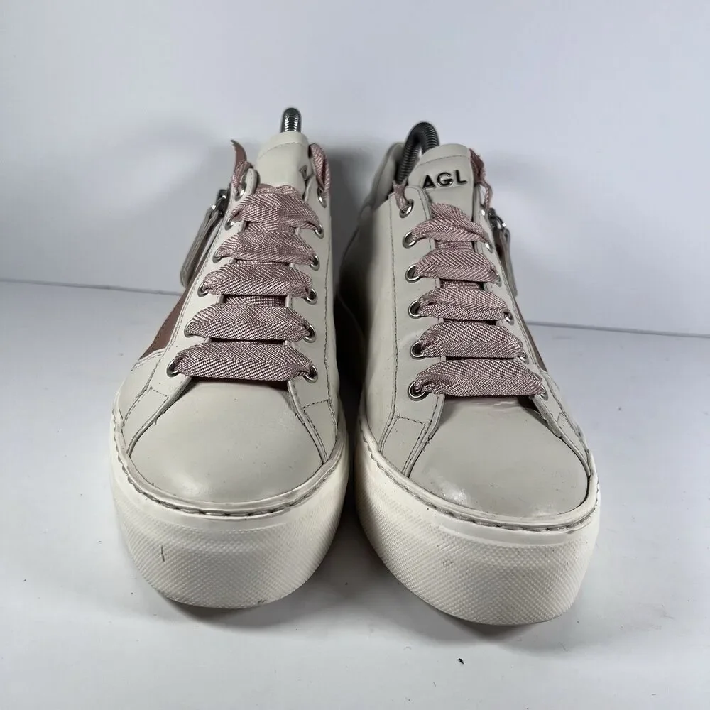 AGL D925233 Leather Platform Side Zip Satin Lace Sneakers EU 39 US 9